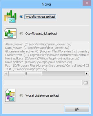 Okno zaloen nov aplikace